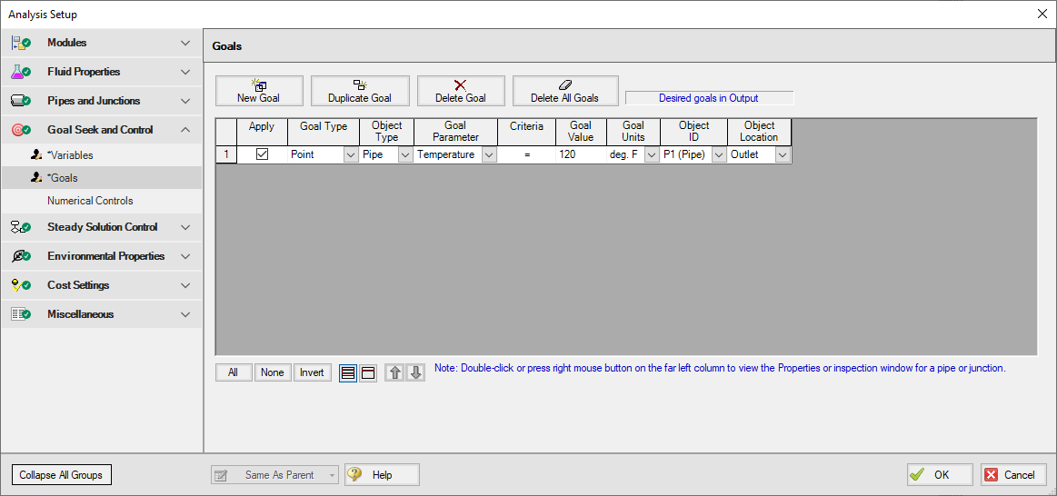 The Goals tab of the Goal Seek and Control Manager window with one goal defined.